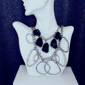 16" double-tier Necklace with Dangling Metal Rings & Black Stone Pendant